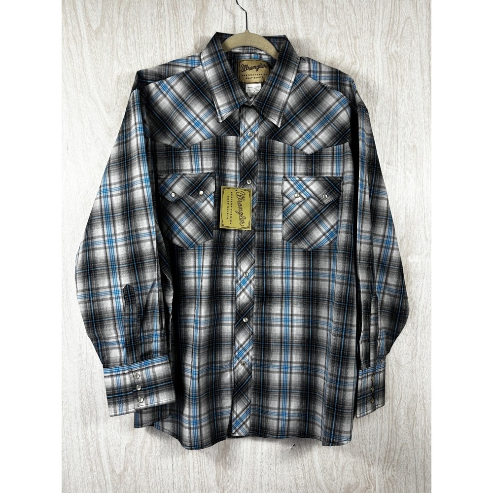 Wrangler Western Snap Shirt Blue‎ Gray Plaid Cowboy Rodeo NWT Men XXL